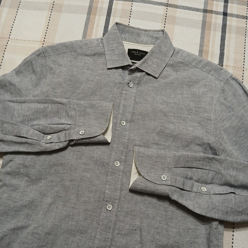 rag&bone Gray Linen Blend Long Sleeve Button Shirt Fit 1 / 14.5" Portugal Made - Picture 1 of 12